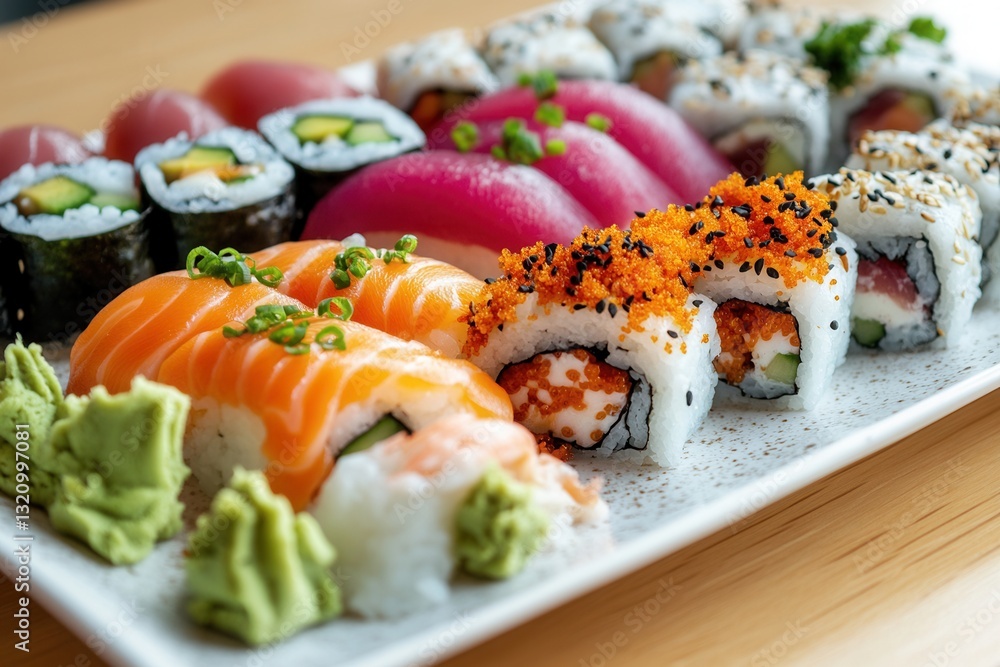 Aufkleber deliciously arranged sushi plate showcasing spicy tuna and an array of colorful rolls on a wooden ta