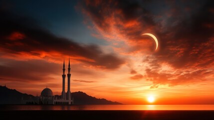 A stunning sunset casts vibrant colors over a mosque silhouette, highlighting its architectural beauty against the dramatic sky, creating a sense of tranquility and reverence.