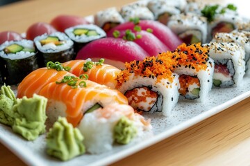 Deliciously arranged sushi plate showcasing spicy tuna and an array of colorful rolls on a wooden table