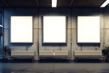 Empty billboards in a modern concrete hallway