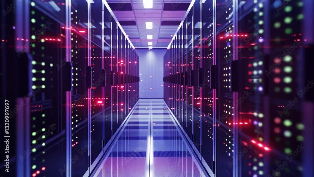Aufkleber futuristic data center hallway with glowing server racks and vibrant lights reflective floor enhance