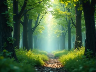 Obraz premium Sunbeams filtering through lush green forest canopy along path