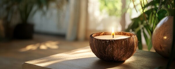 Lit candle in coconut shell on wooden table with sunlit greenery in background
