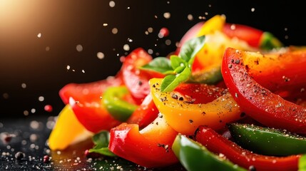 A vibrant medley of bell peppers tossed together and peppered with spices, presenting a colorful and artistic culinary display that celebrates fresh vegetables and creativity.