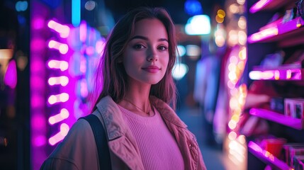 Obraz premium Young Woman Posing Confidently in Neon Lit Urban Environment at Night