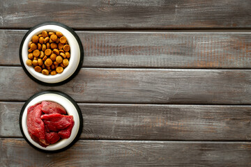 Pet food in bowls - meat and dry food, top view