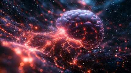 Advanced AI brain with interconnected light trails and a digital matrix
