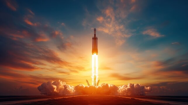 A breathtaking view of a powerful rocket launch against a stunning sunset sky, highlighting humanity's spirit of exploration and technological advancement.