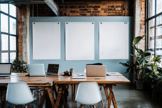 Modern open-plan workspace with blank presentation boards.  Wooden communal table, laptops, and plants