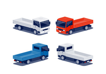 Modern city compact flatbed truck with separate cab and cargo area. Small medium size deck bed vehicle for urban delivery. Light duty fleet transport. Car isolated vector on white in dimetric style.