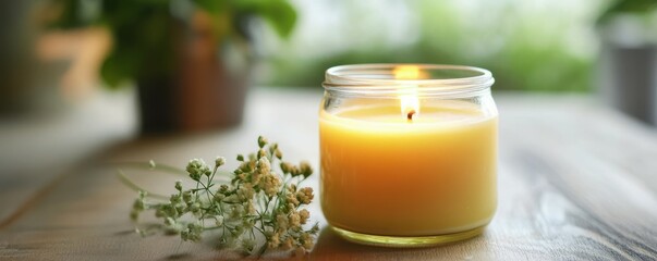 Aromatic candle and flowers on wooden table with blurred greenery background