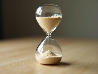 Hourglass measuring time on wooden table