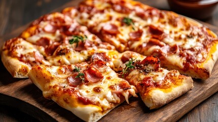 This vibrant pizza is topped with an array of meats and melted cheese, beautifully garnished with fresh herbs, perfect for satisfying your cravings.