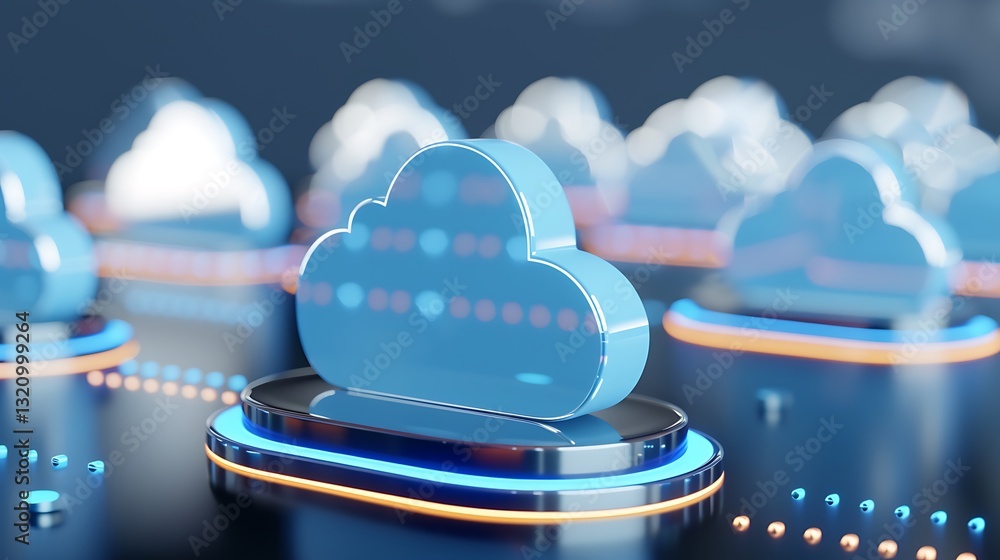 Poster 3d illustration of cloud computing concept with floating digital cloud icons on technology backgroun