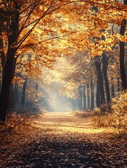 Fototapeta premium Enchanting Autumn Forest Landscape with Warm Glowing Sunlight and Tranquil Atmosphere