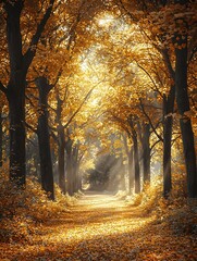 Fototapeta premium Peaceful Autumn Forest with Golden Leaves and Soft Sunlight Filtering Through the Trees