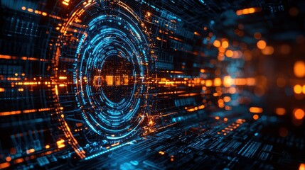 Abstract Digital Landscape with Glowing Blue and Orange Light Patterns Conveying Futuristic Atmosphere