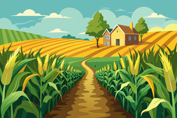 lush cornfield with golden stalks swaying, and a dirt path leading to a farmhouse.