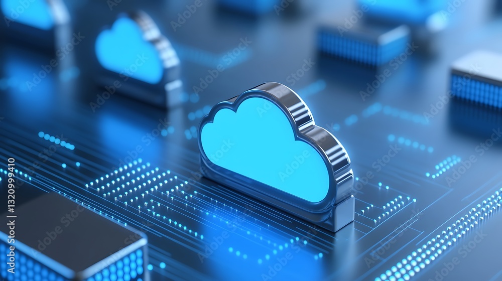Poster 3d render of blue cloud icons on a technology background with circuit patterns and digital elements