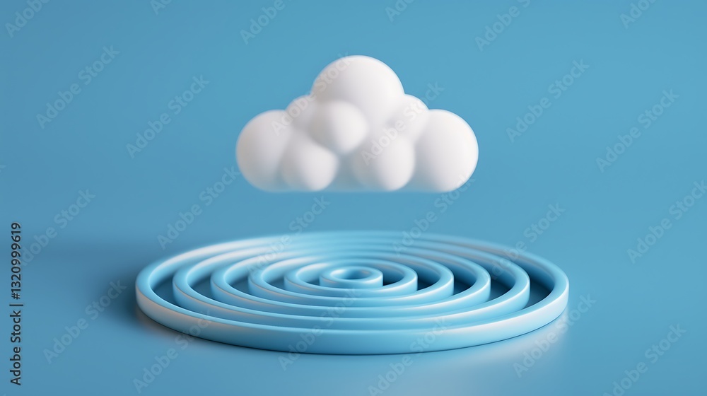 Poster abstract 3d illustration of cloud above circular ripple pattern on soft blue background for modern d