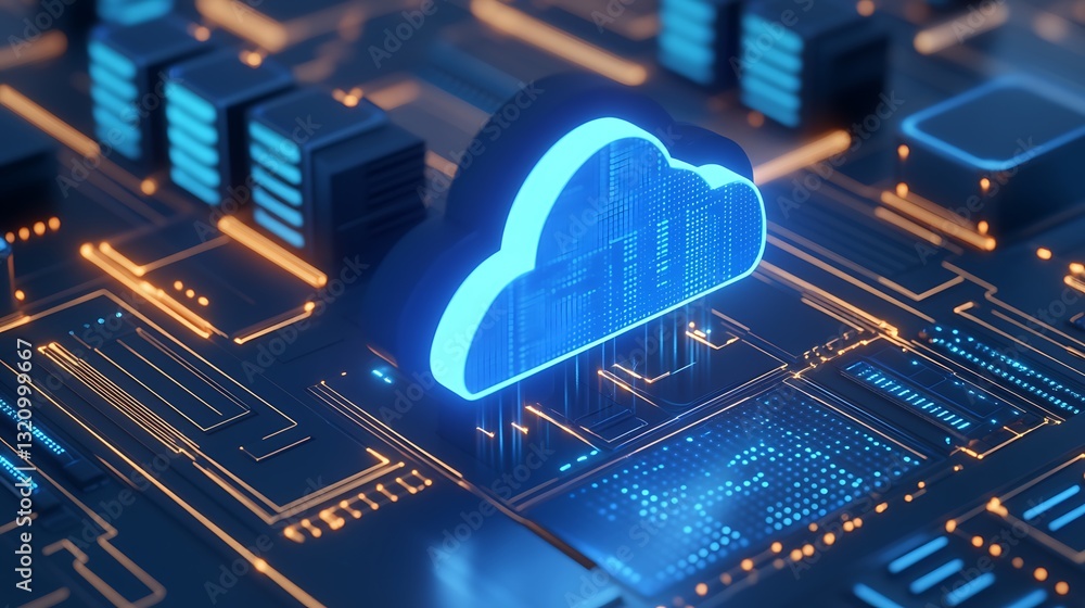 Poster abstract blue cloud technology concept with circuit board and digital data background