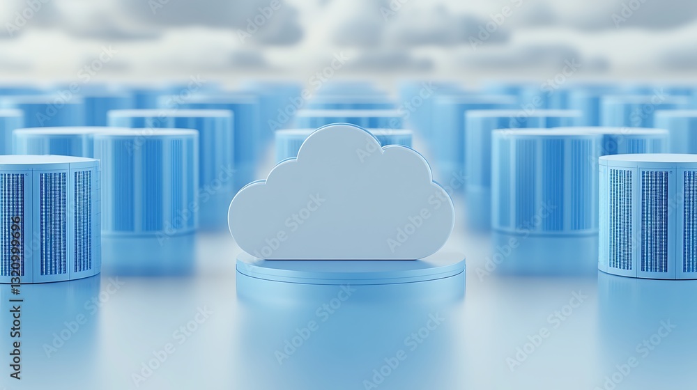 Poster abstract cloud computing concept with blue storage units and soft cloud in digital environment