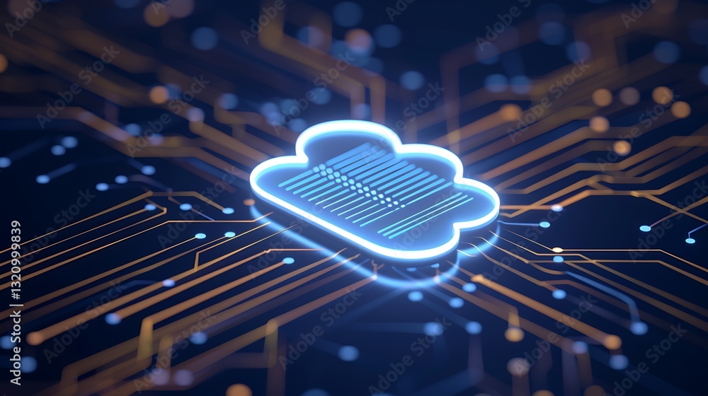 Poster abstract cloud computing icon on a circuit board background with glowing lines and digital patterns