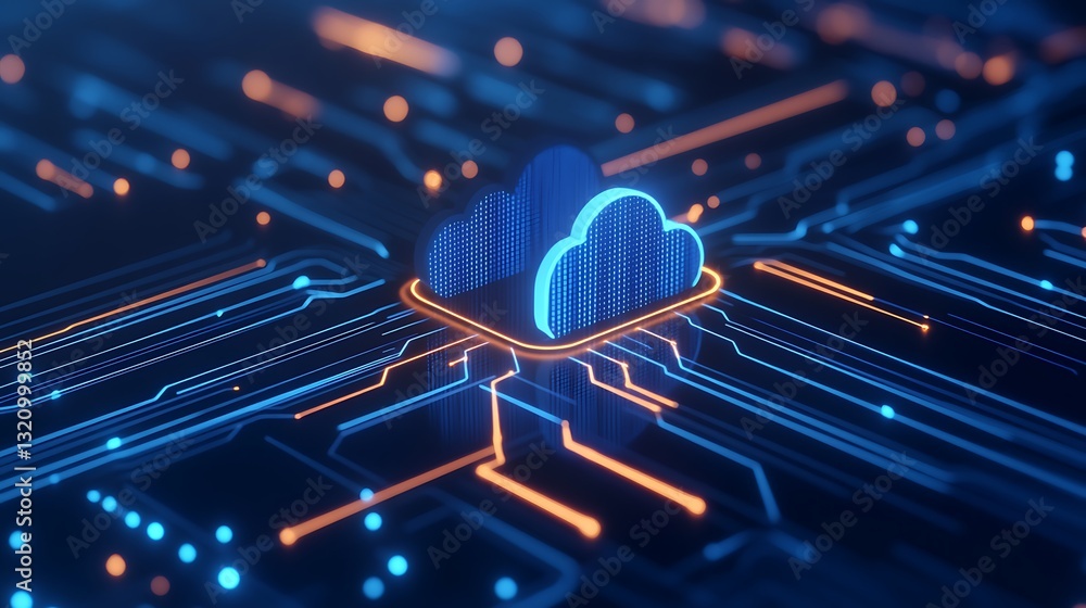 Poster abstract cloud computing network concept with glowing lines and vibrant colors on a dark background