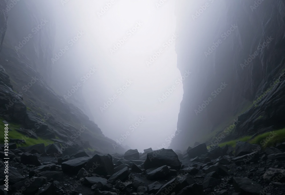 Poster misty valley landscape, towering rocks shrouded in fog. soft light filters through the serene scene.