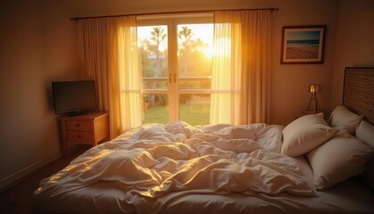Cozy Morning in Sunlit Bedroom with Unmade Bed and Warm Golden Light