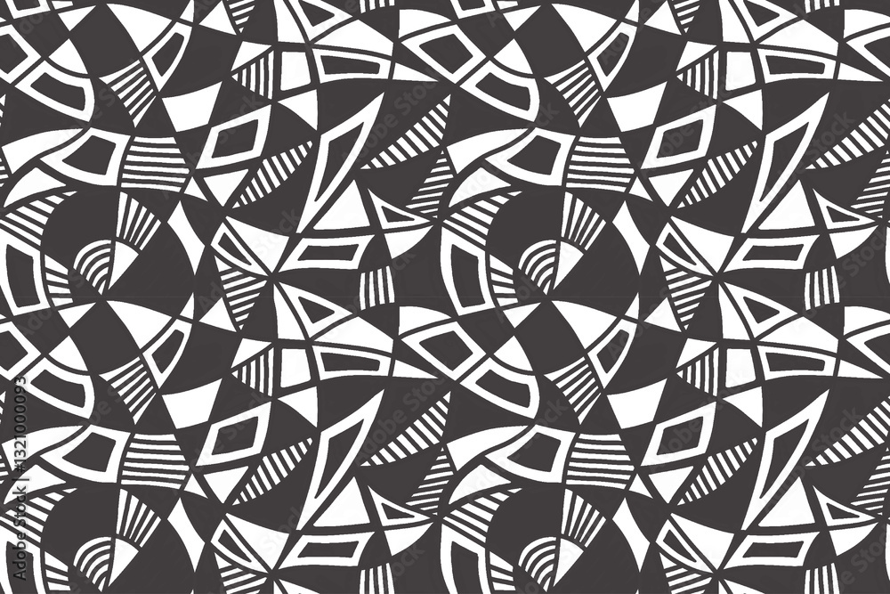 Poster mosaic seamless pattern in black and white colors. repeatable pattern with stripes, triangles and sq