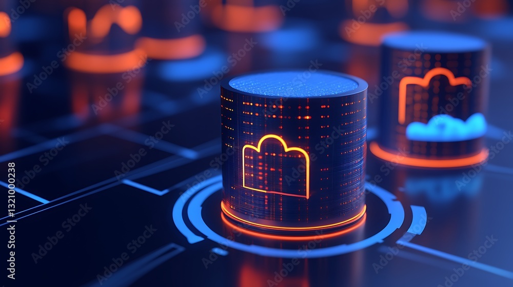 Poster abstract digital data storage with glowing locks and cloud symbols on futuristic interface backgroun