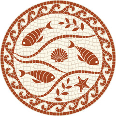 Circular mosaic ornament with fish and shells in terracotta color. Ideal for home decor, ceramic tiles, branding, textile and other projects.