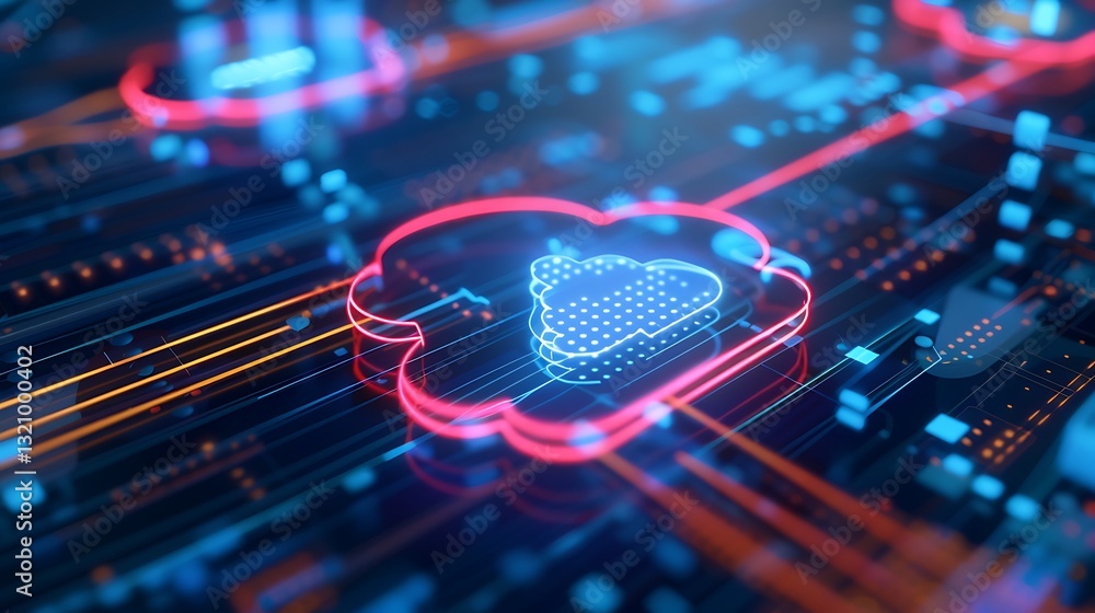 Poster abstract digital representation of cloud computing with neon elements and data connections in dark b