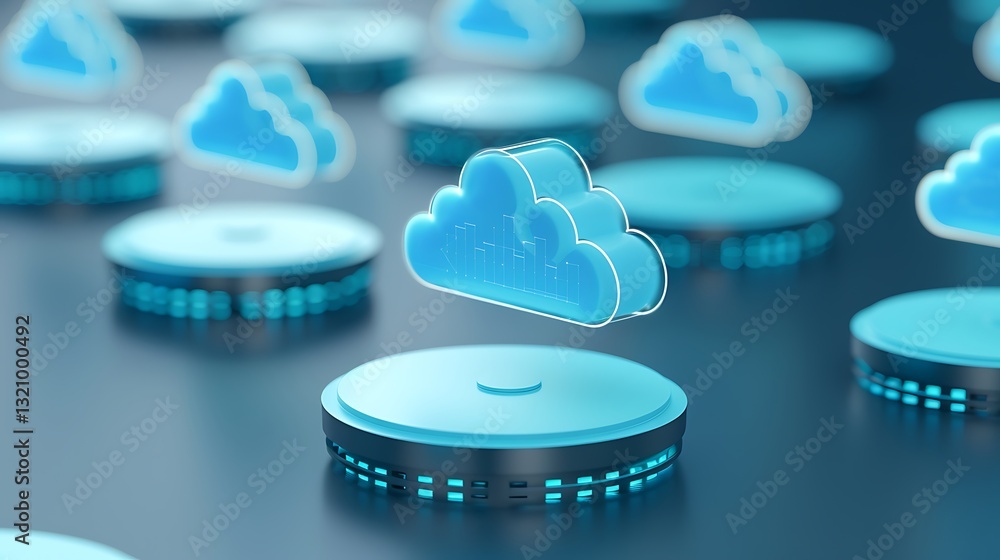 Poster abstract representation of cloud computing with 3d cloud icons floating above glowing platforms in b