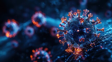 Close Up of Intricate Virus Particle with Glowing Features on Dark Textured Background