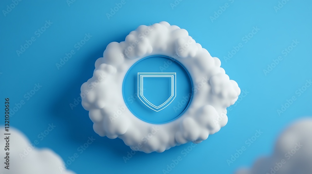 Poster abstract shield icon surrounded by soft white clouds on a light blue background for security concept