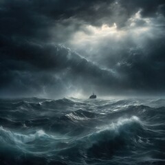 Obraz premium A Lone Ship Battles A Furious Storm At Sea, A Dramatic Struggle Against Immense Waves And Brooding, Dark Skies
