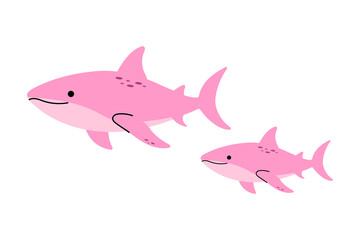 Flat vector illustration of a mother shark with her baby, ocean wildlife, marine life, isolated on white background