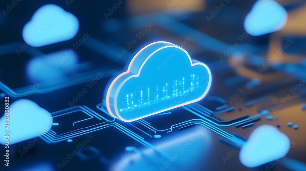 Poster Blue Cloud Computing Concept with Digital Circuit Elements Representing Data Storage and Technology Innovation