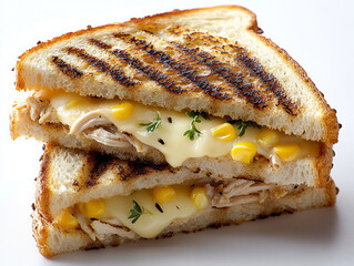 Grilled sandwich with layers of melted cheese chicken and corn inside golden toasted bread giving a delicious food experience with a satisfying crunch and warm cheesy taste