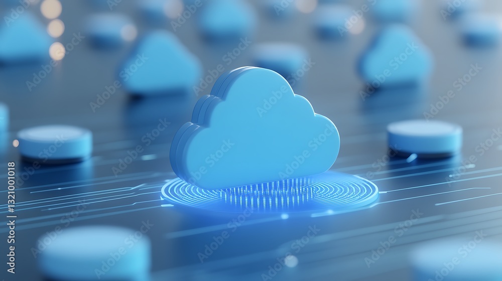 Poster blue cloud icon on digital background with circuits and data points for technology concepts
