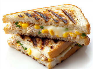 Hot toasted bread filled with grilled sandwich layers of melted cheese juicy chicken and sweet corn offering a delicious food bite with a perfect crunch and creamy flavor