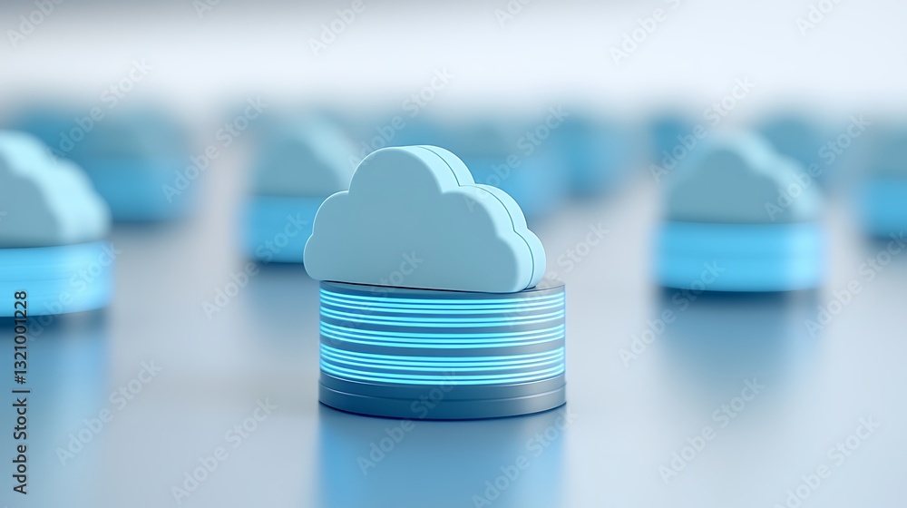 Poster blue cloud icon on data layer with glowing stripes representing storage and technology concept