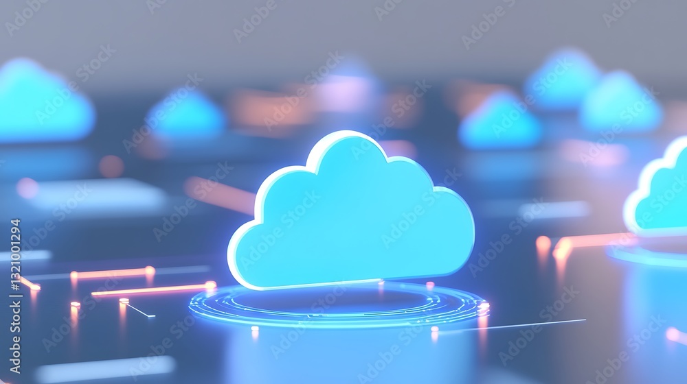 Poster blue cloud icon representing digital data storage and connectivity in a modern tech environment