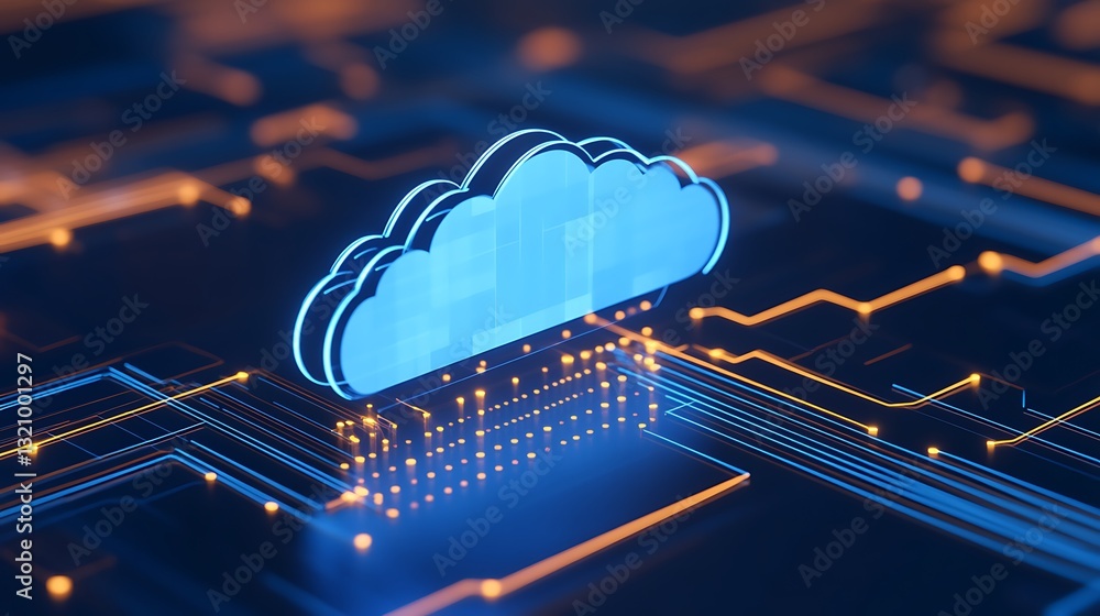 Poster blue cloud icon overlaid on digital circuitry with glowing lines and abstract technology background
