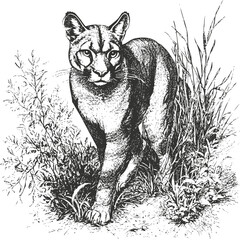 Naklejka premium Detailed ink illustration of a cougar walking through grass.