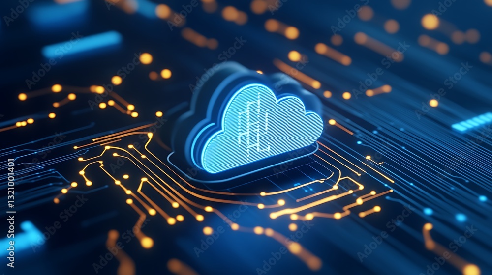 Poster blue cloud symbol with circuit board pattern on digital background representing technology and conne