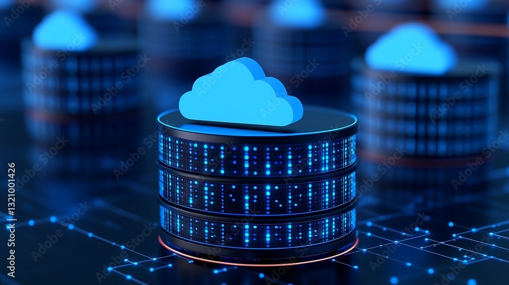 Poster blue cloud technology data storage concept with server database and digital interface background