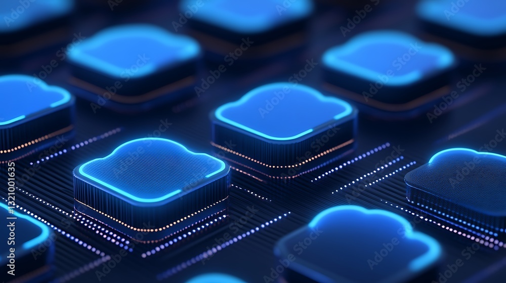 Poster blue neon cloud storage icons in a futuristic digital background with circuit patterns and illuminat